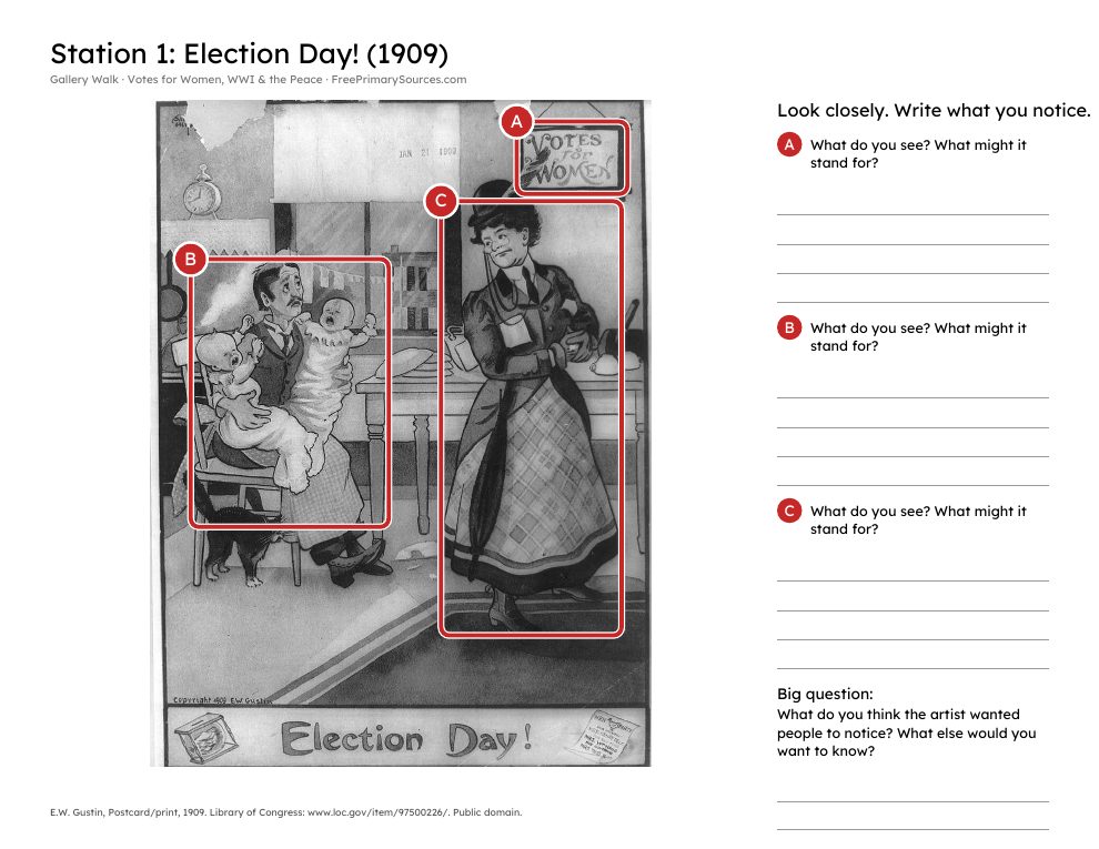 Sample poster page: Election Day! with parts A, B and C marked